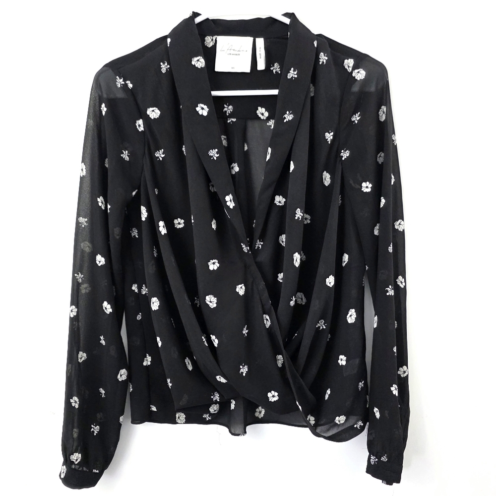 L'Academie The Surplice Blouse Ditsy Floral Sheer Drop Neck Dress Shirt